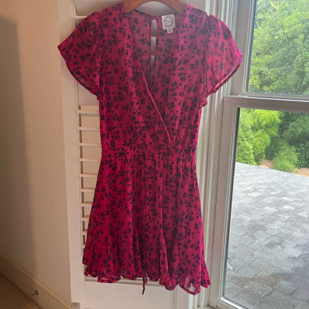 Blue Rain magenta and navy floral mini ruffle dress